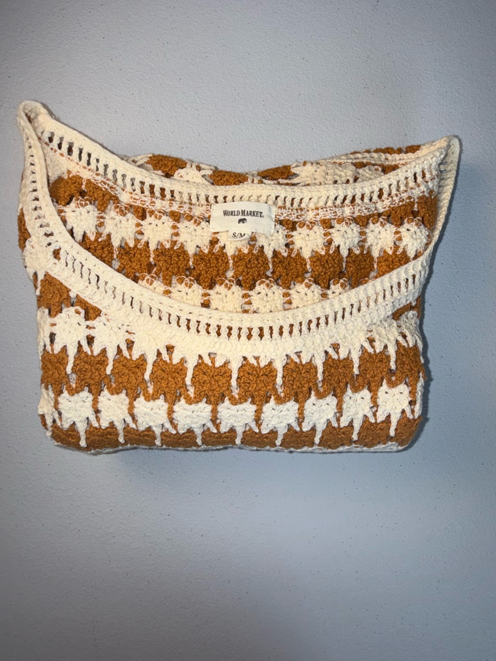 World Market Crochet Knit Short Sleeve Top Size S/M Brown Cream Boho - Picture 4 of 7